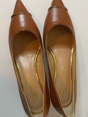 Tan Pointed Toe Leather Flats with Gold Trim